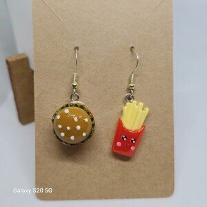 Handmade Burger and Fries Dangle Drop Earrings Fun Food Novelty NEW Ladies
